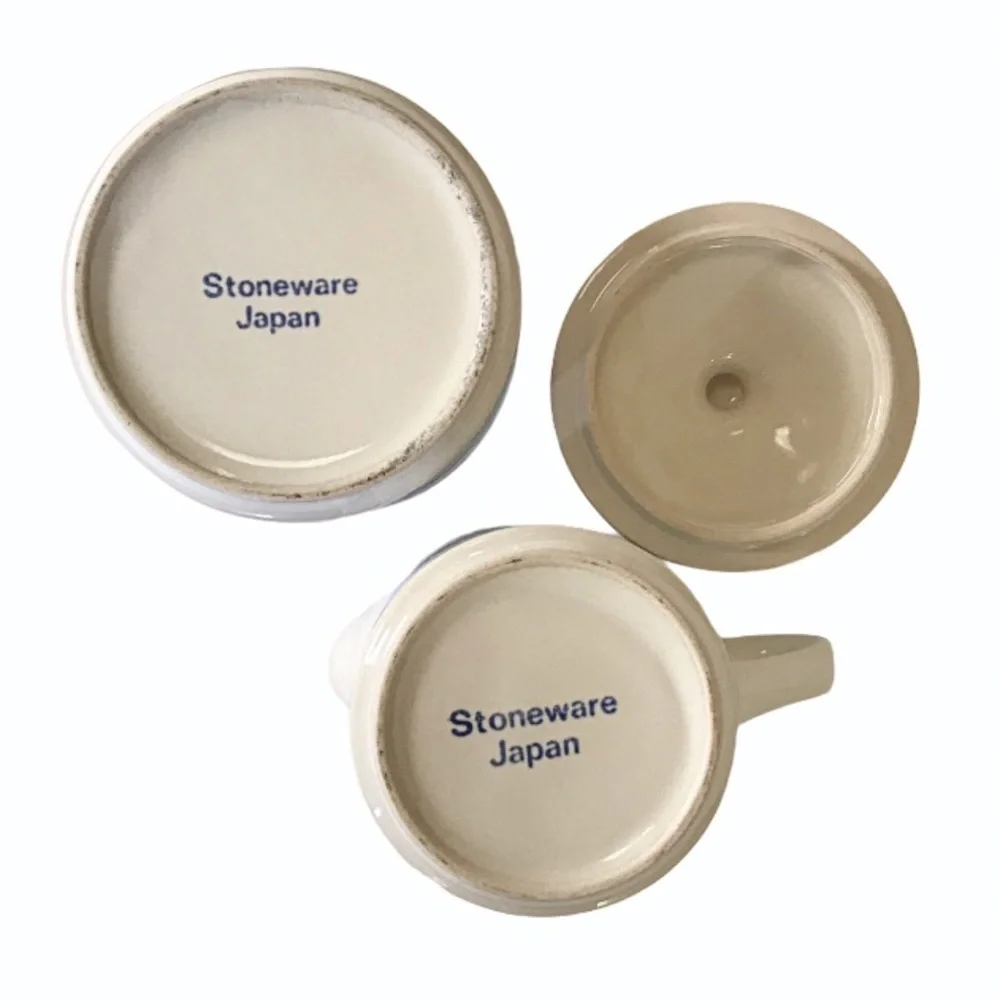 Vintage MCM Stoneware Cream & Sugar Set Japan Blue  Plaid